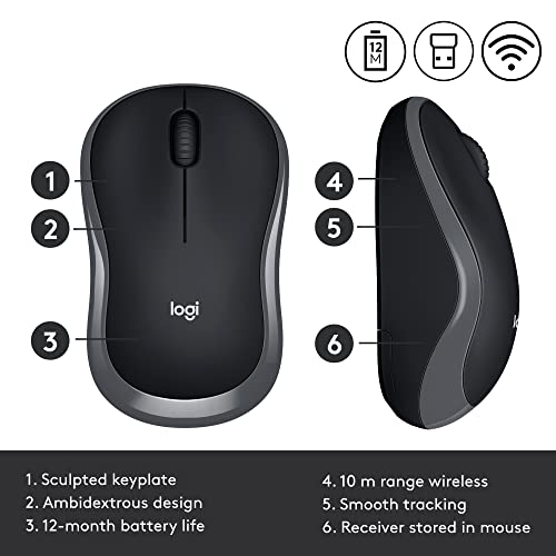 Logitech M185 Wireless Mouse, 2.4GHz with USB Mini Receiver, 12-Month Battery Life, 1000 DPI Optical Tracking, Ambidextrous PC/Mac/Laptop - Swift Gray