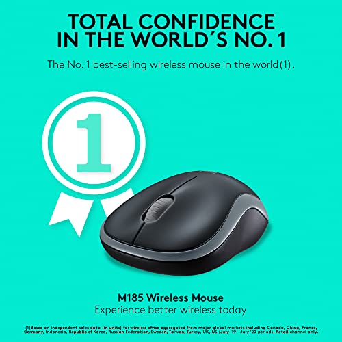 Logitech M185 Wireless Mouse, 2.4GHz with USB Mini Receiver, 12-Month Battery Life, 1000 DPI Optical Tracking, Ambidextrous PC/Mac/Laptop - Swift Gray